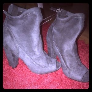 Gray peep toe suede heels